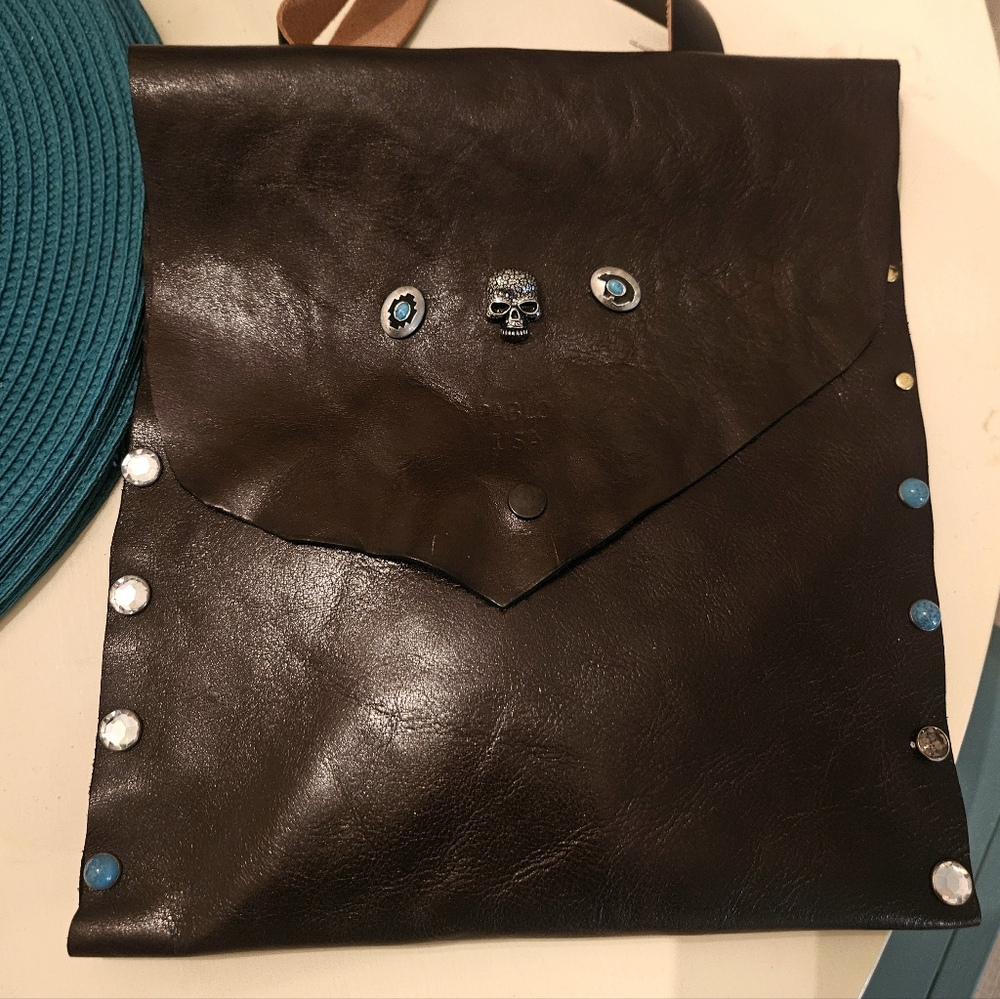 Skull PABLO LEATHER SKULL Bag, Brown Leather & Turquoise Skull Handbag, Mens Bag